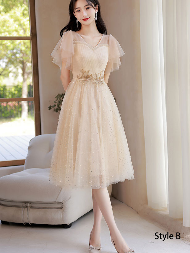 Champagne Bridesmaids Shimmery Mid A-Line Tulle Wedding Party Dress