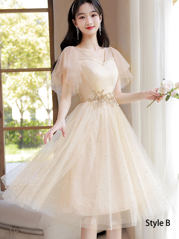 Champagne Bridesmaids Shimmery Mid A-Line Tulle Wedding Party Dress