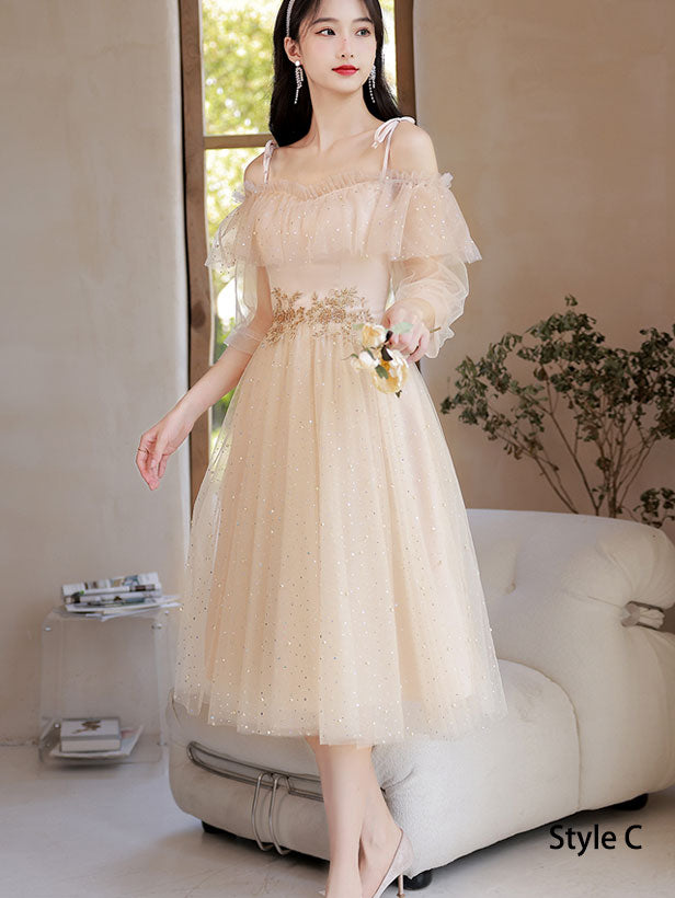 Champagne Bridesmaids Shimmery Mid A-Line Tulle Wedding Party Dress