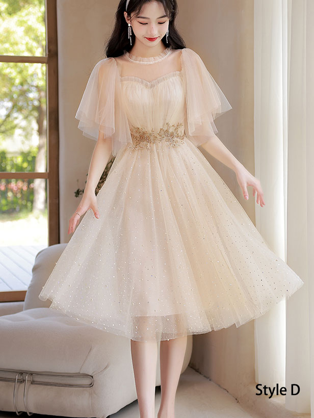 Champagne Bridesmaids Shimmery Mid A-Line Tulle Wedding Party Dress