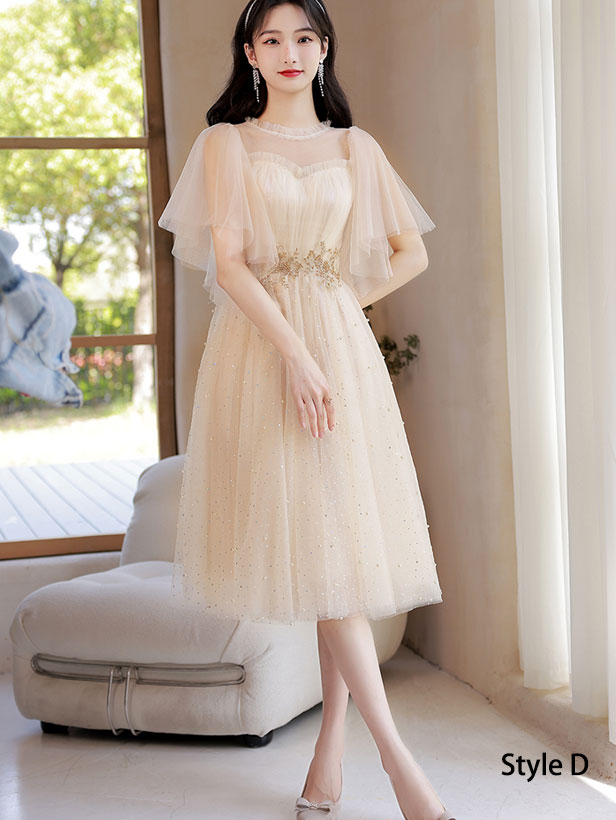 Champagne Bridesmaids Shimmery Mid A-Line Tulle Wedding Party Dress