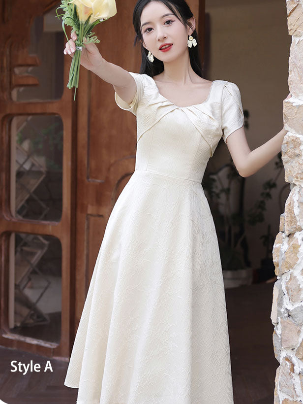 Ivory Jacquard Midi A-Line Bridesmaids Wedding Party Dress