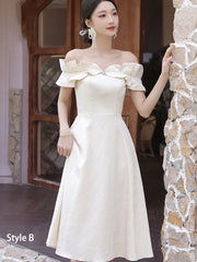 Ivory Jacquard Midi A-Line Bridesmaids Wedding Party Dress