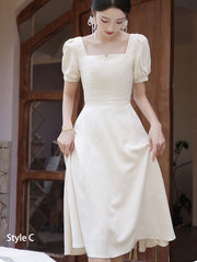 Ivory Jacquard Midi A-Line Bridesmaids Wedding Party Dress