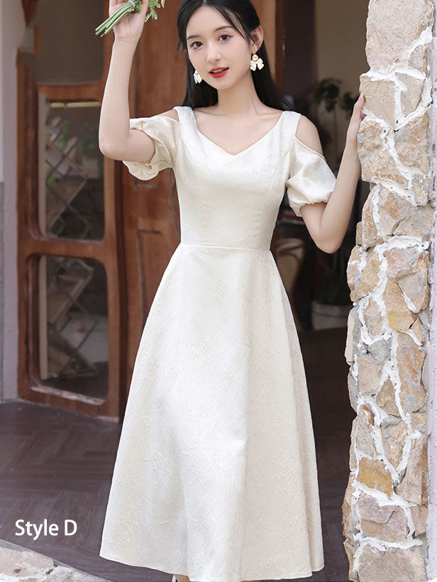 Ivory Jacquard Midi A-Line Bridesmaids Wedding Party Dress
