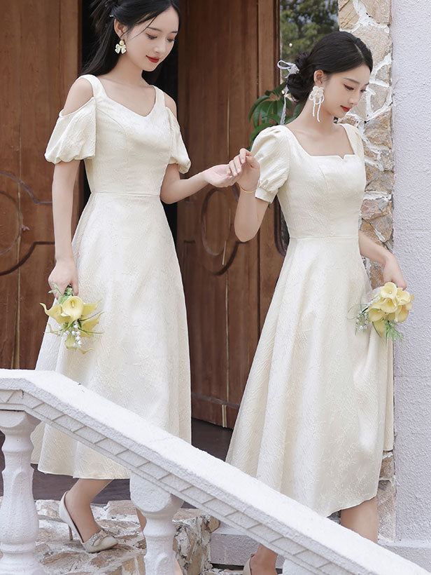 Ivory Jacquard Midi A-Line Bridesmaids Wedding Party Dress