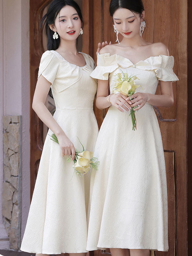 Ivory Jacquard Midi A-Line Bridesmaids Wedding Party Dress