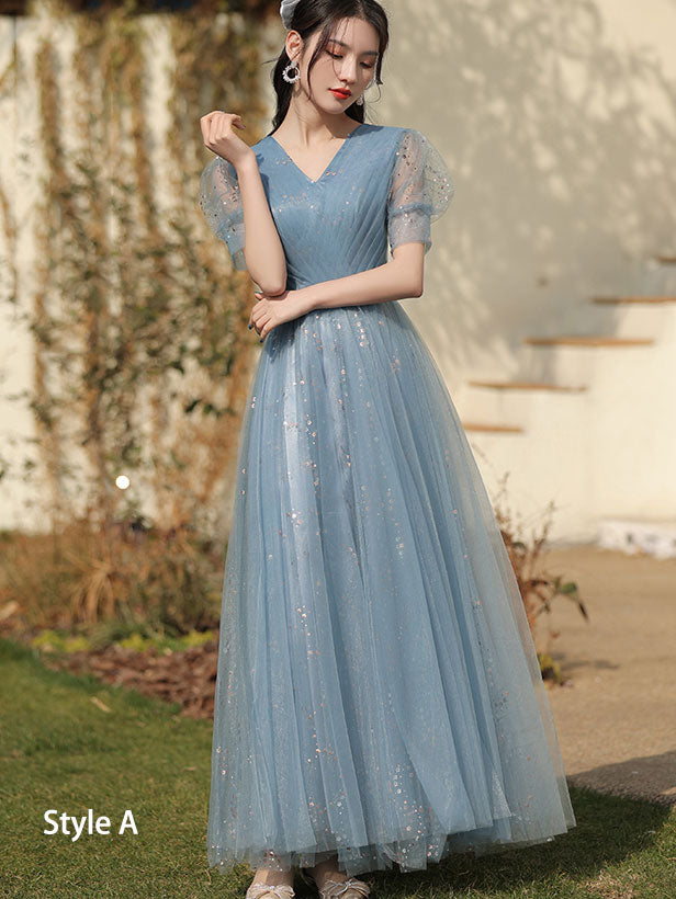 Blue A-Line Bridesmaids Shimmery Tulle Wedding Party Dress