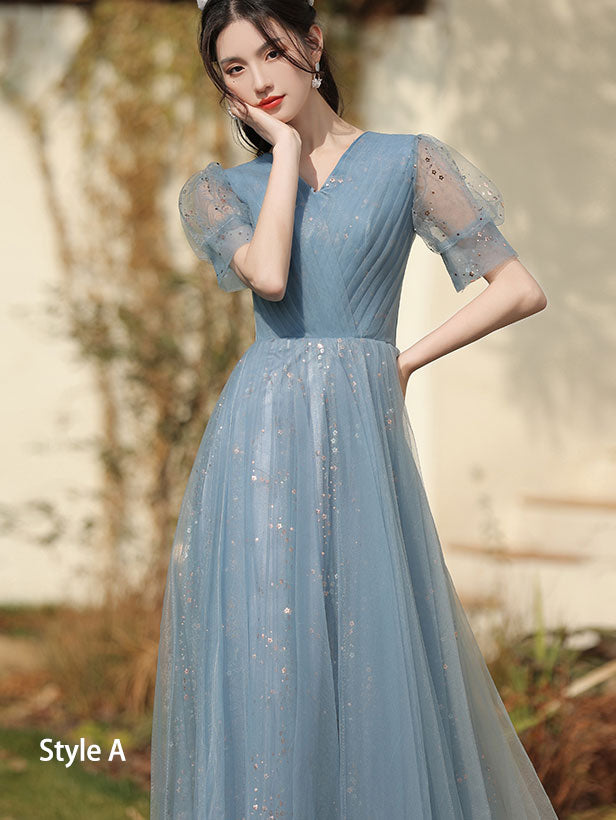 Blue A-Line Bridesmaids Shimmery Tulle Wedding Party Dress