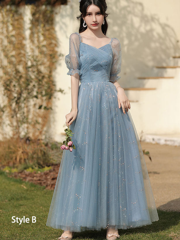 Blue A-Line Bridesmaids Shimmery Tulle Wedding Party Dress