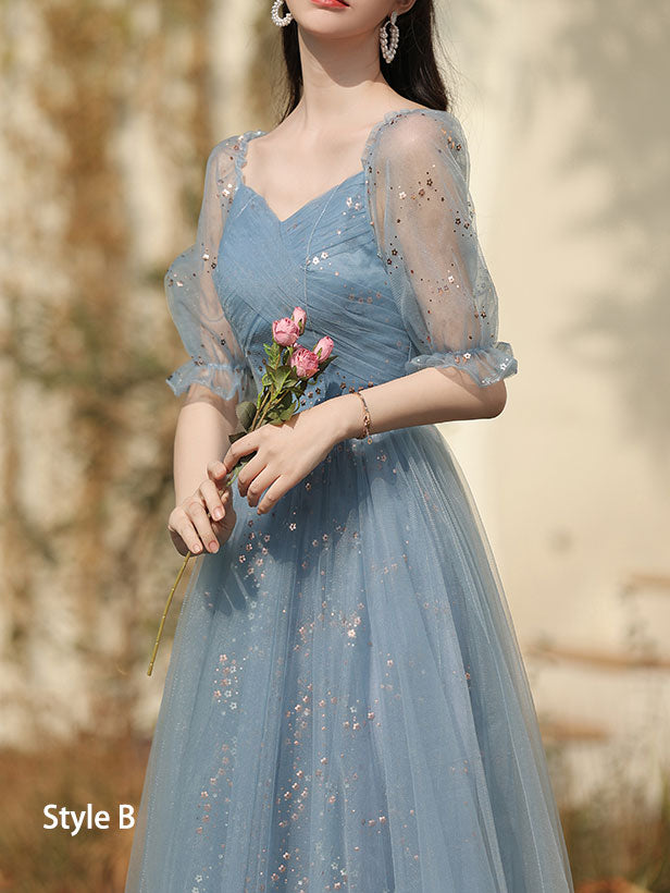 Blue A-Line Bridesmaids Shimmery Tulle Wedding Party Dress