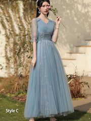 Blue A-Line Bridesmaids Shimmery Tulle Wedding Party Dress