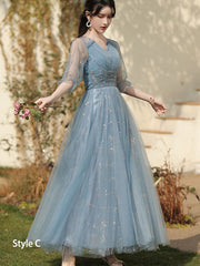 Blue A-Line Bridesmaids Shimmery Tulle Wedding Party Dress