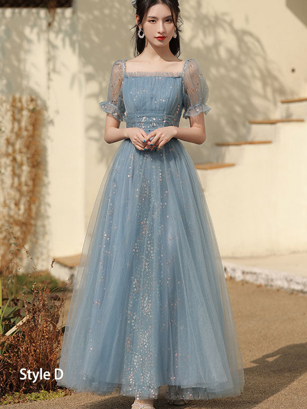 Blue A-Line Bridesmaids Shimmery Tulle Wedding Party Dress