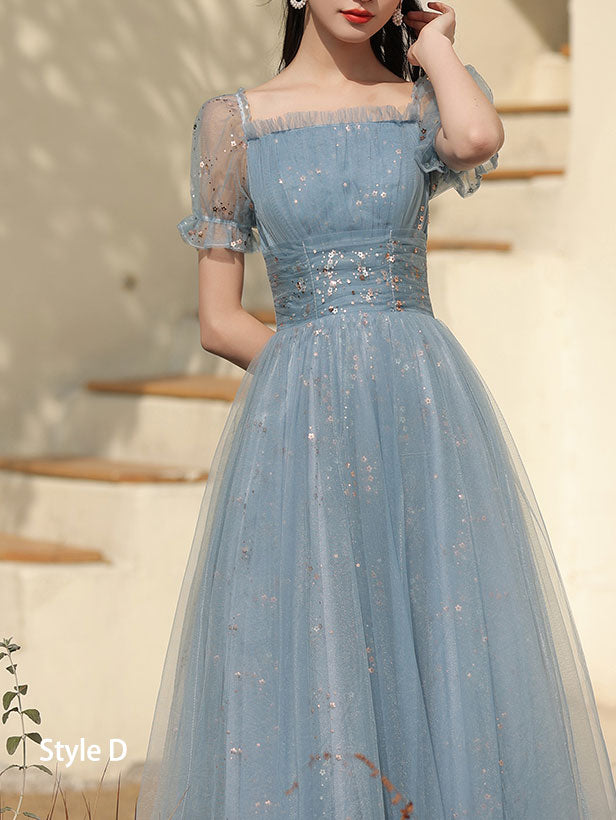Blue A-Line Bridesmaids Shimmery Tulle Wedding Party Dress