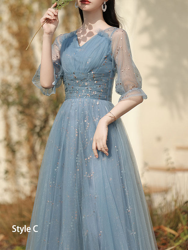 Blue A-Line Bridesmaids Shimmery Tulle Wedding Party Dress