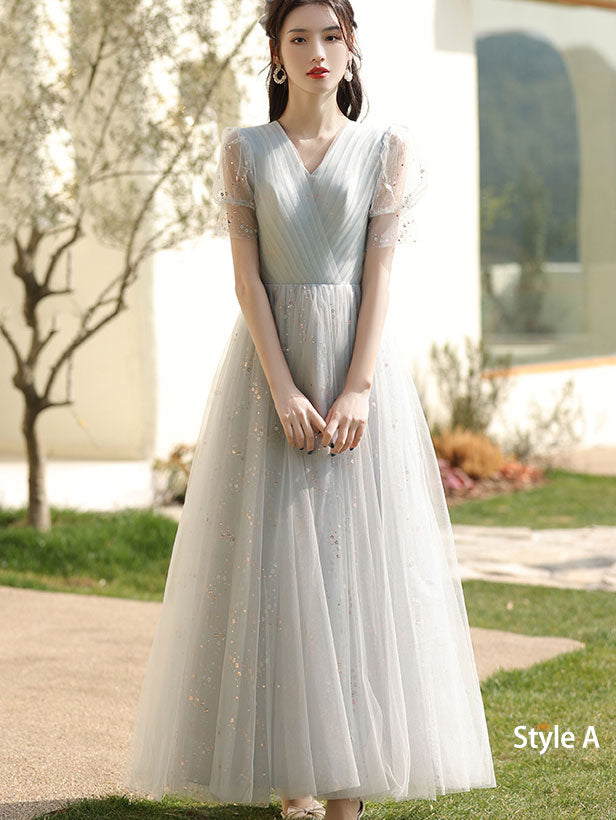 Gray Bridesmaids  A-Line Shimmery Tulle Wedding Party Dress
