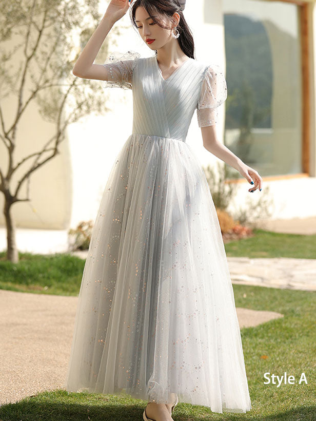 Gray Bridesmaids  A-Line Shimmery Tulle Wedding Party Dress