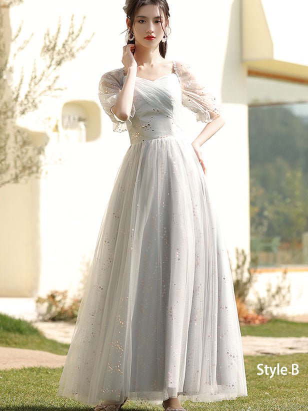 Gray Bridesmaids  A-Line Shimmery Tulle Wedding Party Dress