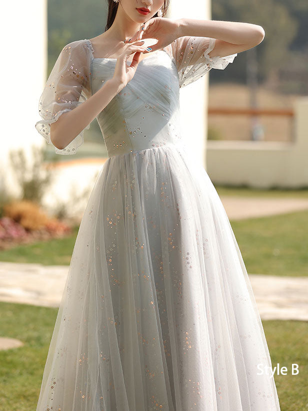 Gray Bridesmaids  A-Line Shimmery Tulle Wedding Party Dress