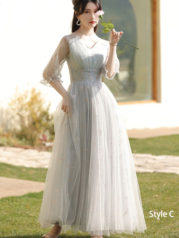 Gray Bridesmaids  A-Line Shimmery Tulle Wedding Party Dress