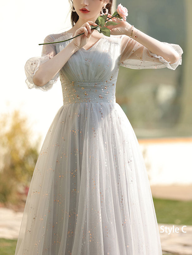 Gray Bridesmaids  A-Line Shimmery Tulle Wedding Party Dress