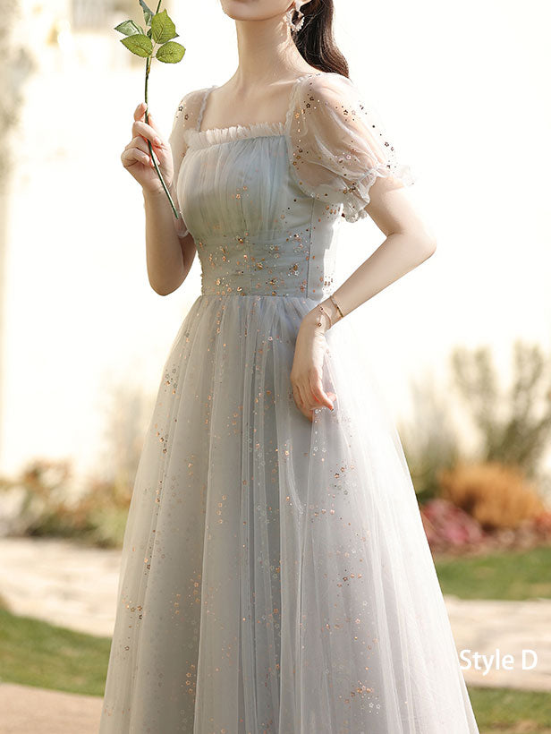 Gray Bridesmaids  A-Line Shimmery Tulle Wedding Party Dress