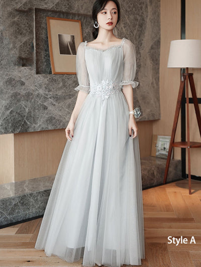 Gray A-Line Tulle Bridesmaids Maxi Wedding Party Dress