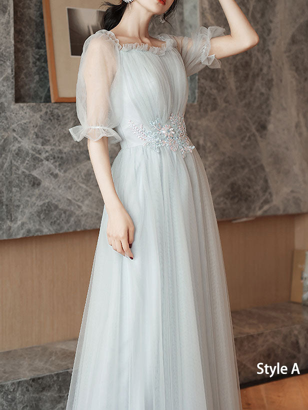 Gray A-Line Tulle Bridesmaids Maxi Wedding Party Dress
