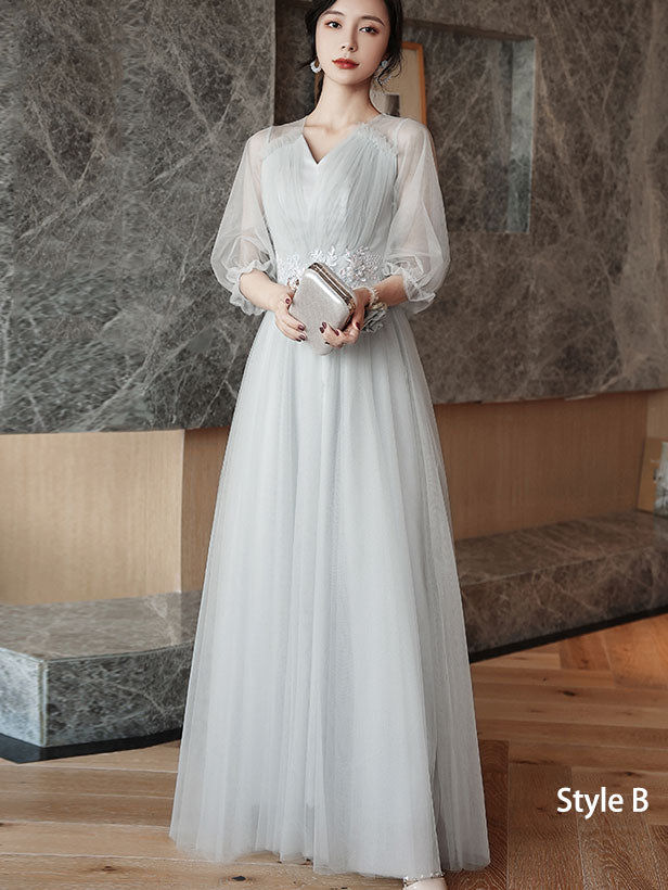 Gray A-Line Tulle Bridesmaids Maxi Wedding Party Dress