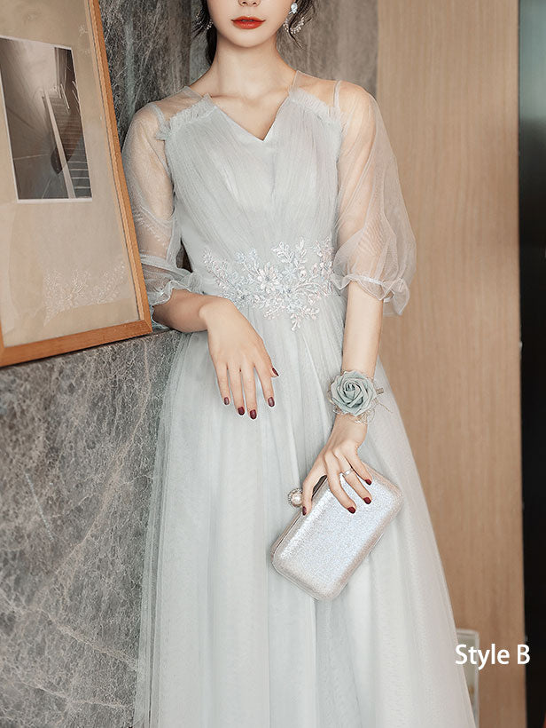 Gray A-Line Tulle Bridesmaids Maxi Wedding Party Dress