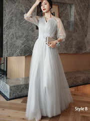 Gray A-Line Tulle Bridesmaids Maxi Wedding Party Dress
