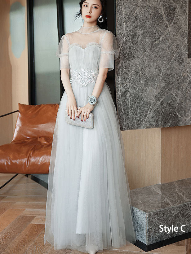 Gray A-Line Tulle Bridesmaids Maxi Wedding Party Dress