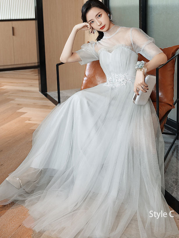 Gray A-Line Tulle Bridesmaids Maxi Wedding Party Dress