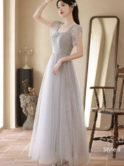 Gray A-Line Shimmery Tulle Bridesmaids Maxi Wedding Party Dress