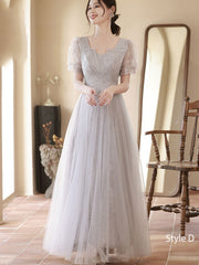Gray A-Line Shimmery Tulle Bridesmaids Maxi Wedding Party Dress