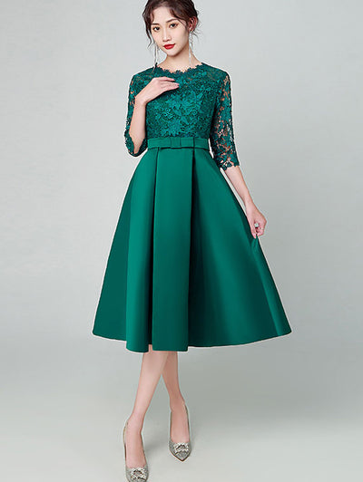 Forest Green Lace Midi Fit & Flare Party Dress