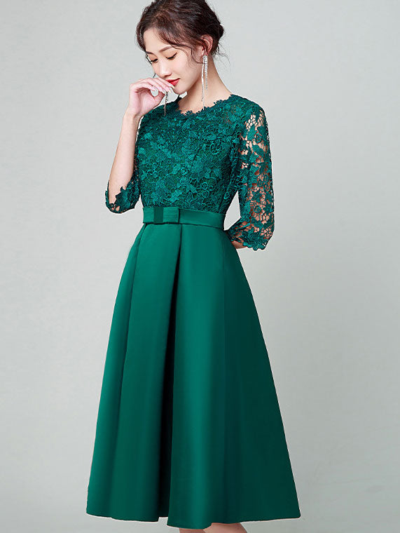 Forest Green Lace Midi Fit & Flare Party Dress