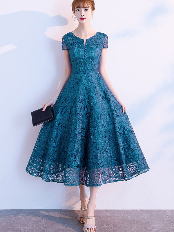 Black Blue Lace Midi A-Line Prom Dress