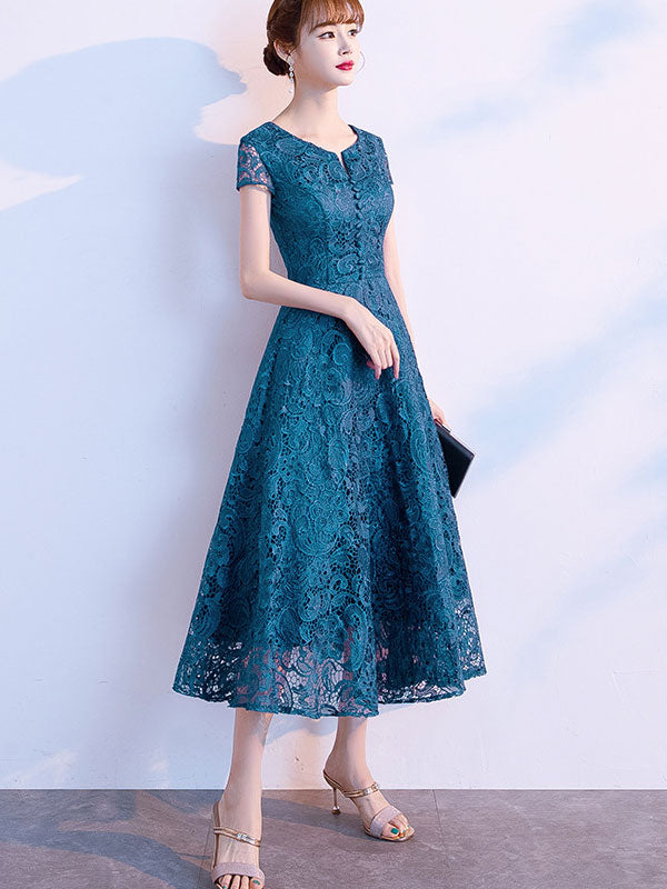 Black Blue Lace Midi A-Line Prom Dress