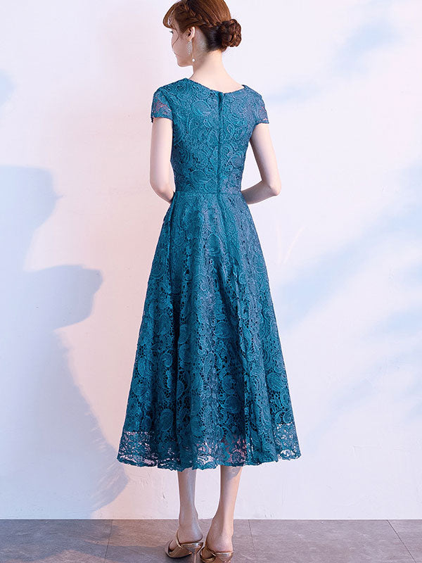 Black Blue Lace Midi A-Line Prom Dress