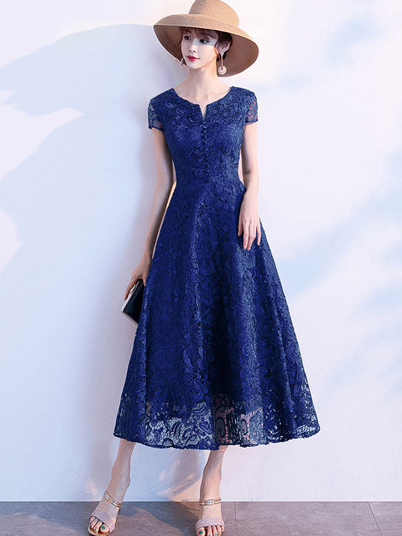 Black Blue Lace Midi A-Line Prom Dress