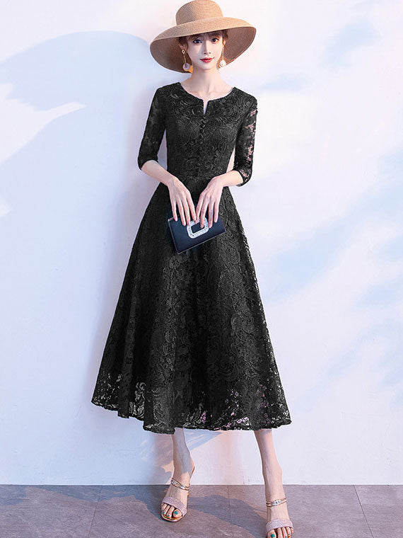 Black Blue Lace Midi A-Line Prom Dress