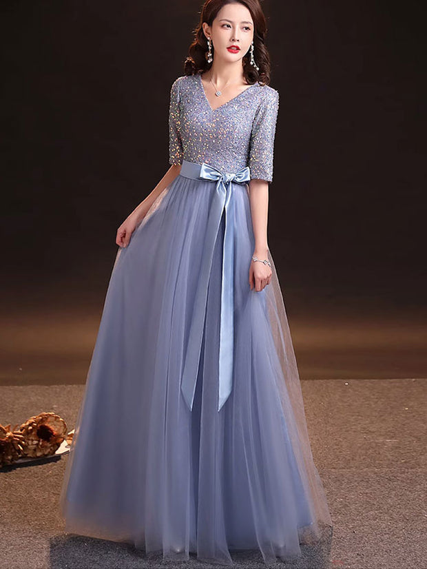 Sequined Blue A-Line Belt Tulle Evening Party Dress