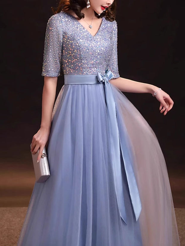 Sequined Blue A-Line Belt Tulle Evening Party Dress