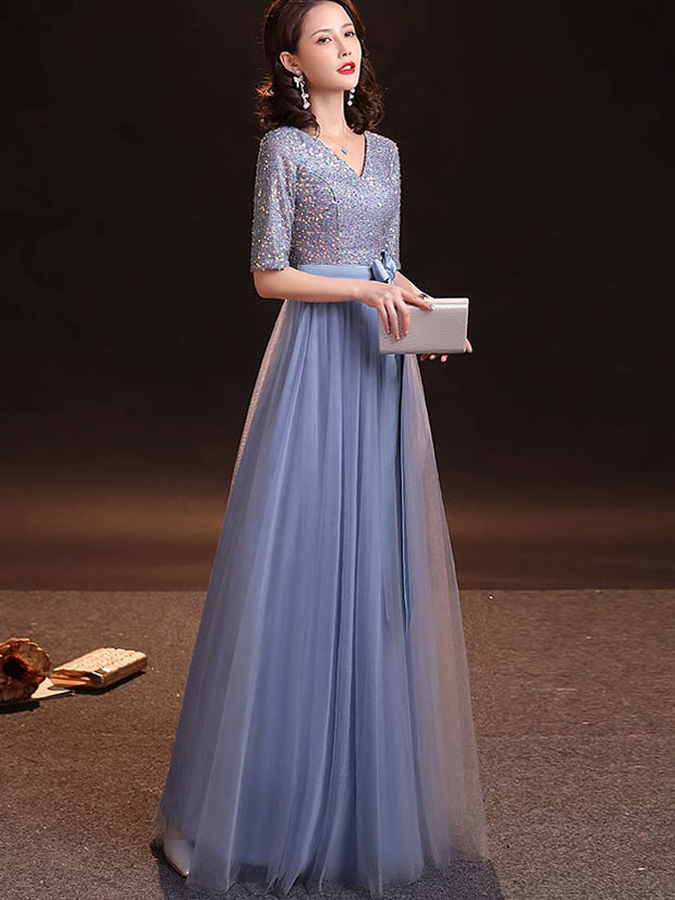 Sequined Blue A-Line Belt Tulle Evening Party Dress