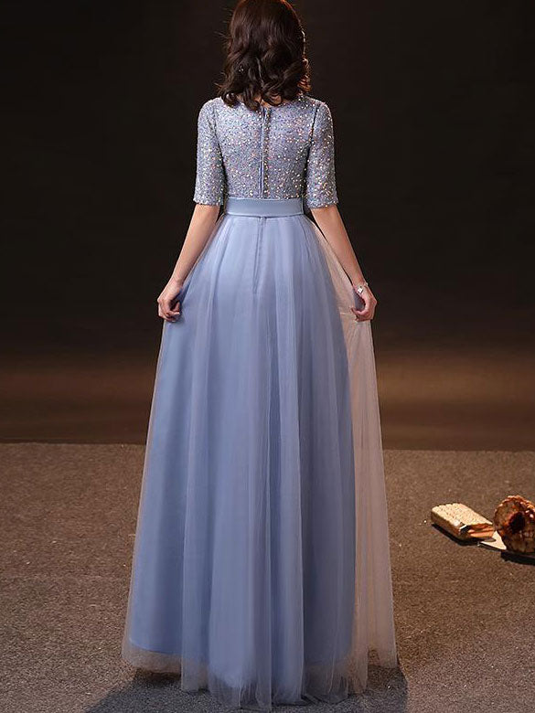 Sequined Blue A-Line Belt Tulle Evening Party Dress