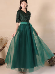 Sequined Blue A-Line Belt Tulle Evening Party Dress