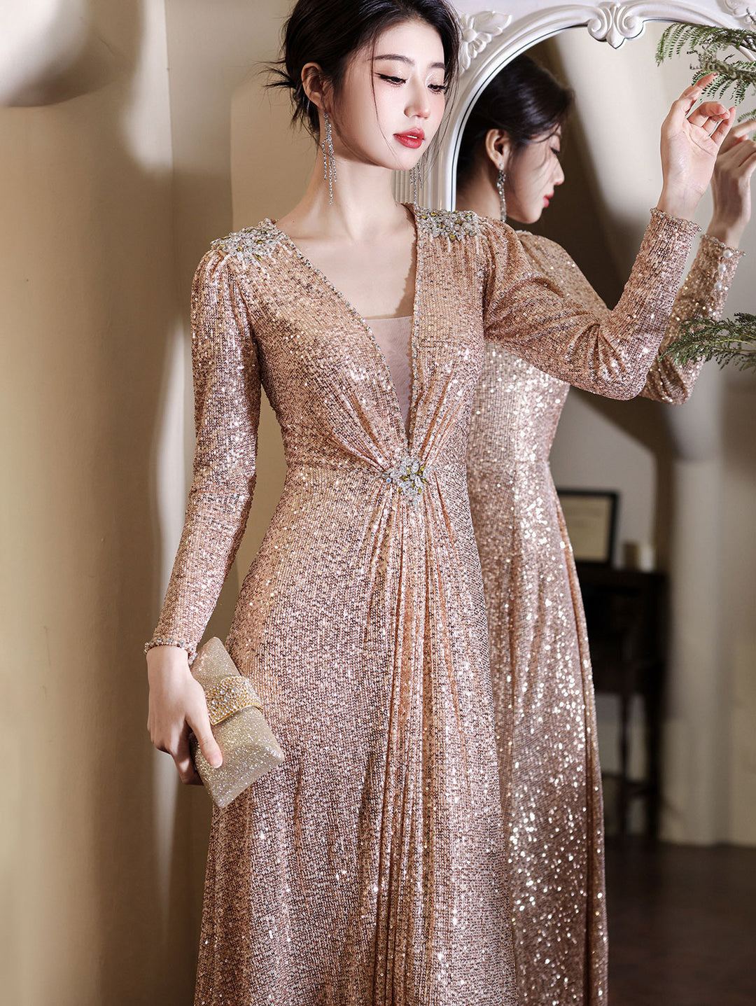 Custom Made Allover Sequins A-Line Prom Wedding Guest Dress