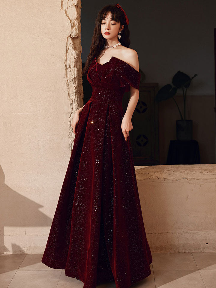 Shimmer Burgundy Velvet Off Shoulder Evening Prom Gown